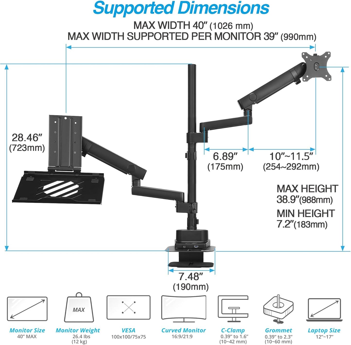 AVLT Laptop & 40 Inch Monitor Arm Pole Top Mount With USB-C USB-A Ports-Black, VESA Compatible, Supports 26.4 lbs (12 kg), Ultrawide Screen Fit, Adjustable Height, Tilt Swivel Rotate, Cable Management