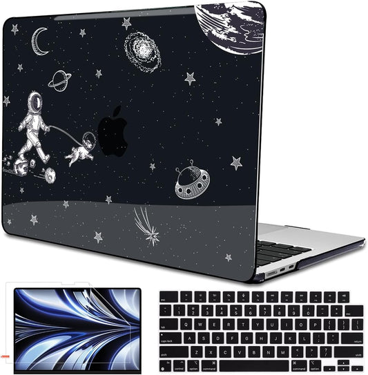 for MacBook Air 13.6 inch Case 2025 2024 2023 2022 Release M4 A3240 M3 A3113 M2 A2681, Black Printed Plastic Hard Shell Case Cover for Mac Air 13.6 M4 Chip Touch ID, Astronauts Space Dog