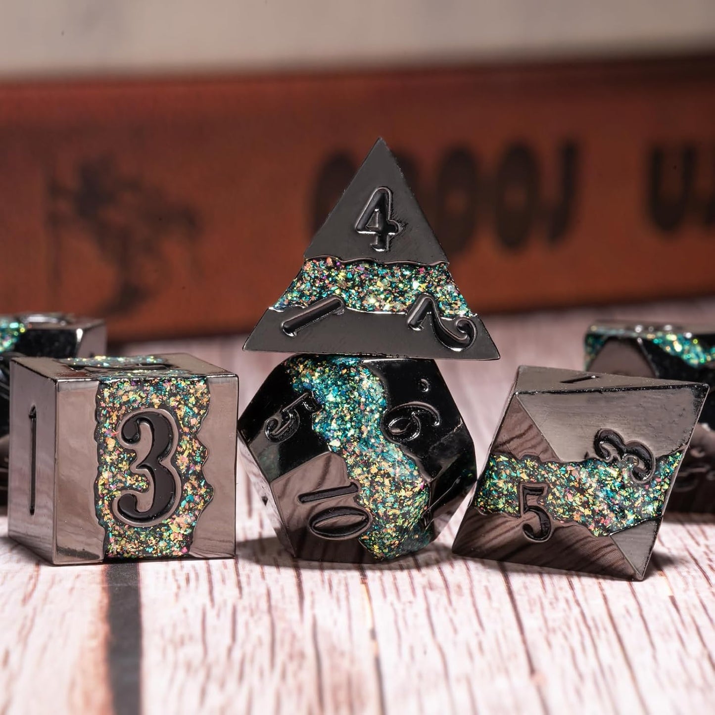 Black Glitter Metal Dice Set,Polyhedral Stripe DND Dice Set with Gift Box,RPG Solid Dungeons and Dragons Set 7pcs