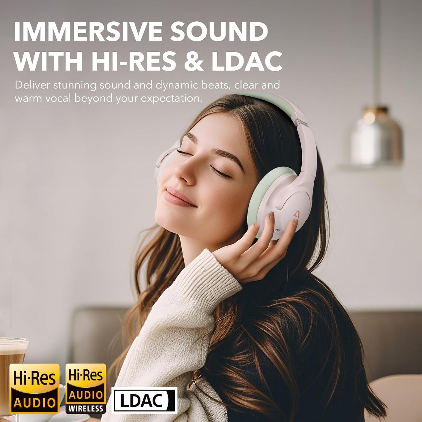 1Mii Y8+ Noise Cancelling Headphones Bluetooth, Wireless LDAC Hi-Res Audio, Custom EQ via App, 75H Playtime, Comfort Fit, Over Ear Headphones Foldable for Airplane Travel Home Office Beige Green