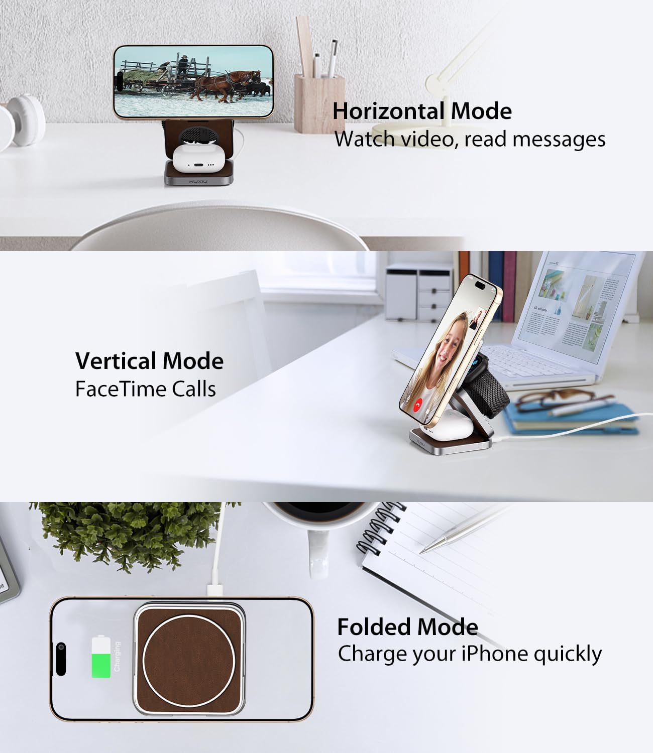 Foldable Magnetic Wireless Charger, KU XIU X40 Aluminum Alloy 3 in 1 Charging Station for Apple, Fast Charging Travel Charger for iPhone 16 15 14 13, 5W for Apple Watch Ultra, AirPods, Leather Texture