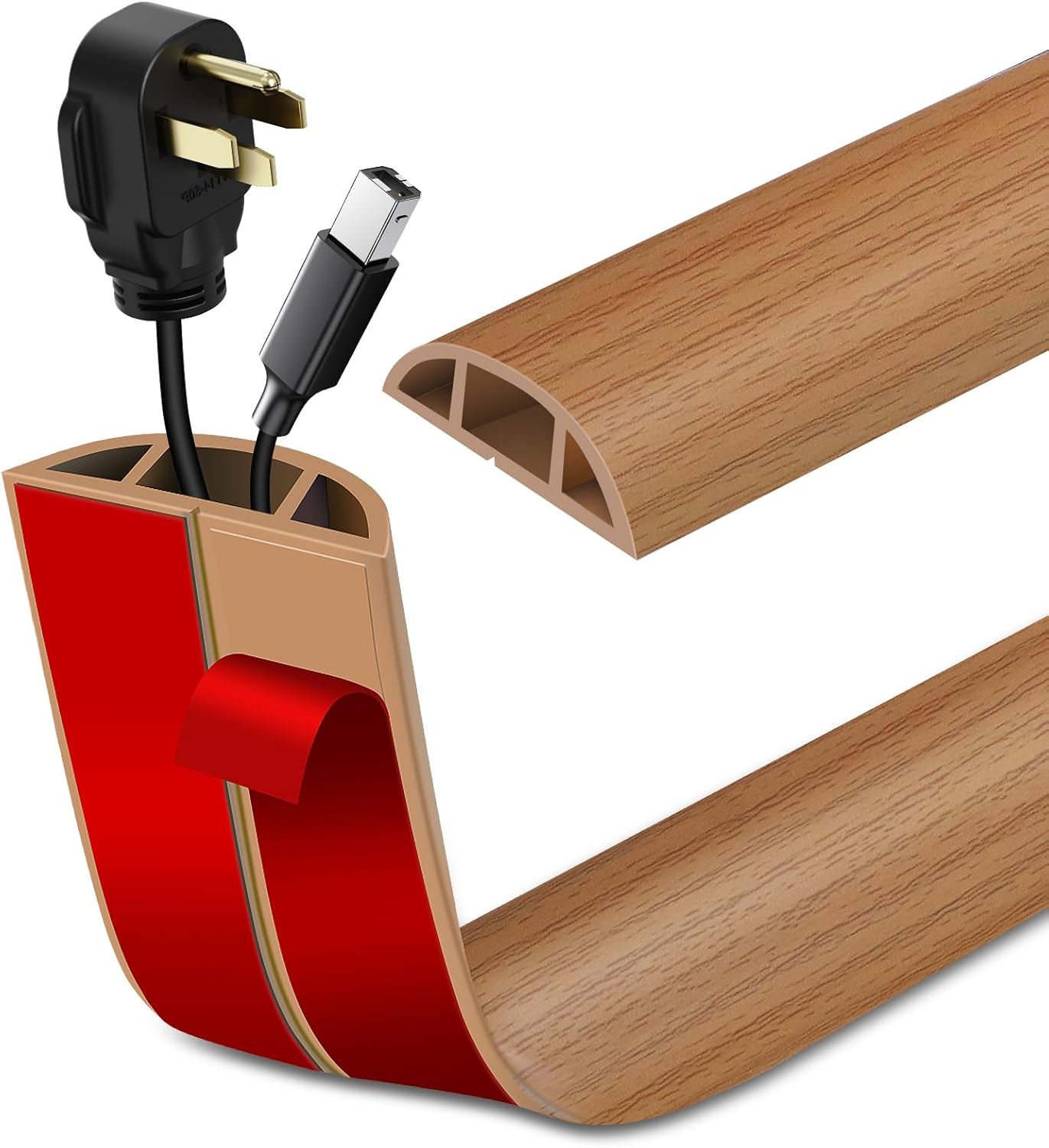 Floor Cord Cover Self Adhesive Cord Hider Floor Extension Cord Covers for Floor Power Cord Protector Cable Management Prevent Cable Trips Cable Cavity 0.47" W x 0.27" H (Light Brown Wood, 10Ft)