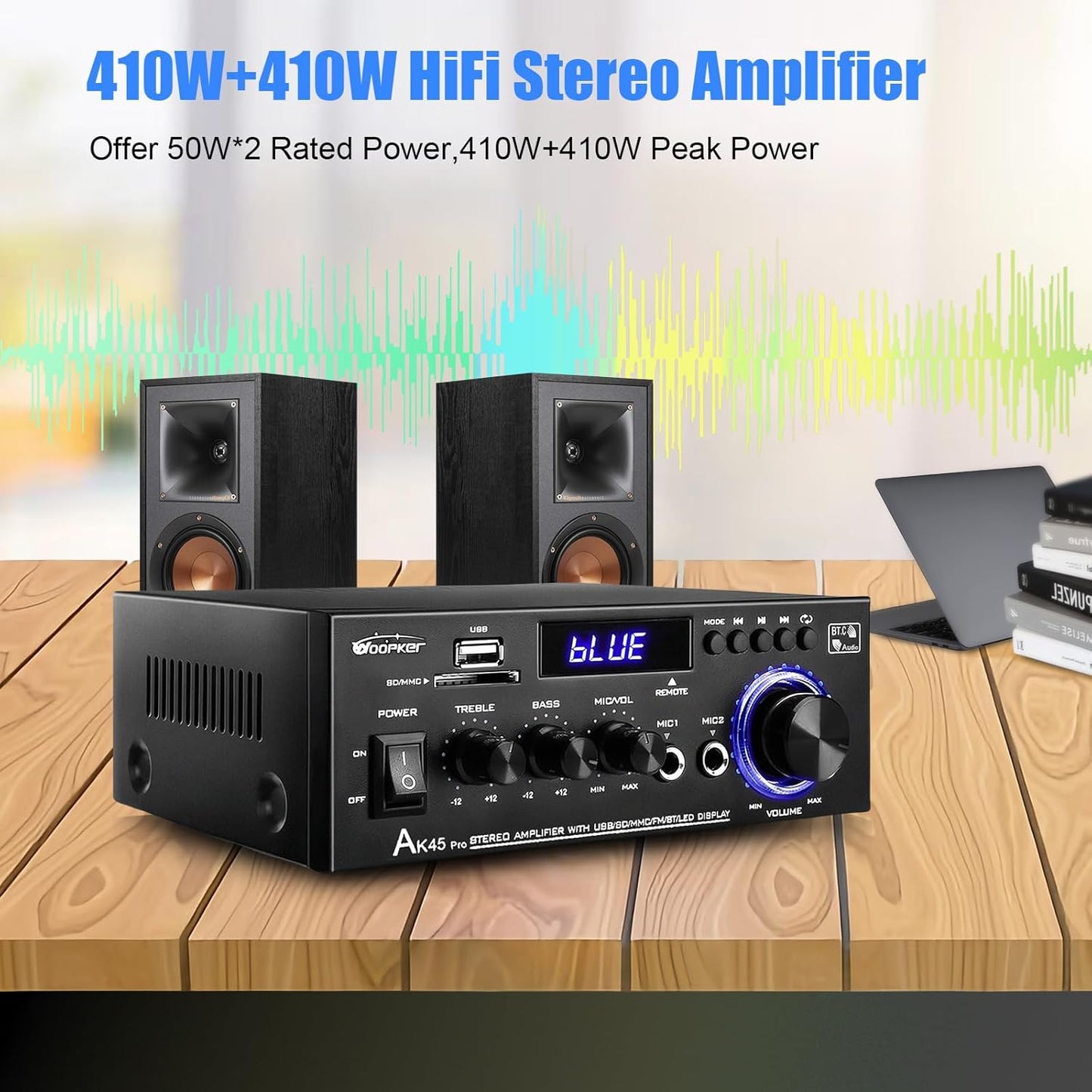 AK45 Pro Stereo Amplifier Home Audio, Stereo Receivers with Bluetooth 5.0,Max 400W, 2.0 Channel Audio Receiver for Home Theater Speakers w/USB/SD/RCA/2 MIC in for Karaok