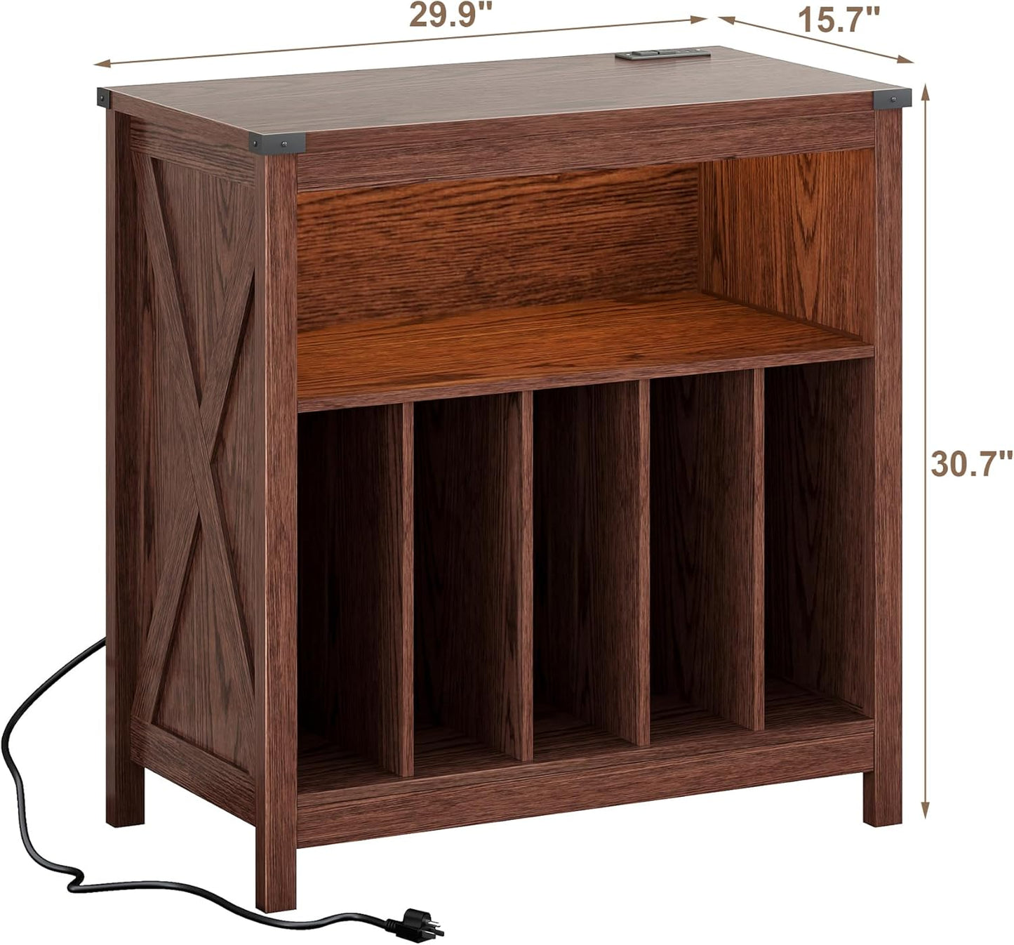 ChooChoo Large Record Player Stand with Charging Station & LED Light, Vinyl Record Holder hold up to 300 Albums, Farmhouse End Table for Bedroom, Living Room, Walnut