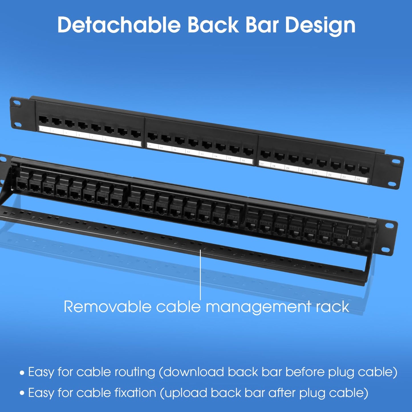 24 Port Keystone Patch Panel, 1U 19-inch RJ45 Network Patch Panel with Back Bar, Loaded with 24 Cat6 Couplers (Black)