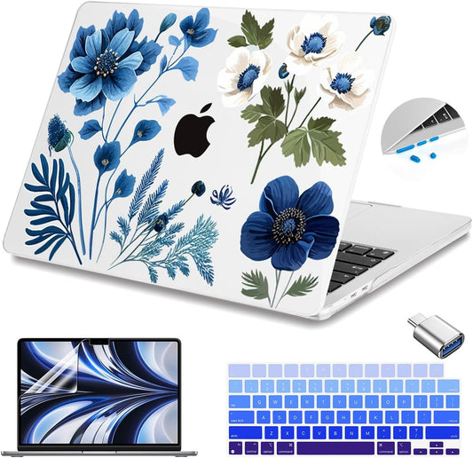 Teryeefi for MacBook Air M4 M3 M2 13.6 inch Case 2025 2024-2022,Fit Model A3240 A3113 A2681, Laptop Hard Shell Cases with Keyboard Cover & Screen Protector for MacBook Air 13.6", Blue Plant Flower