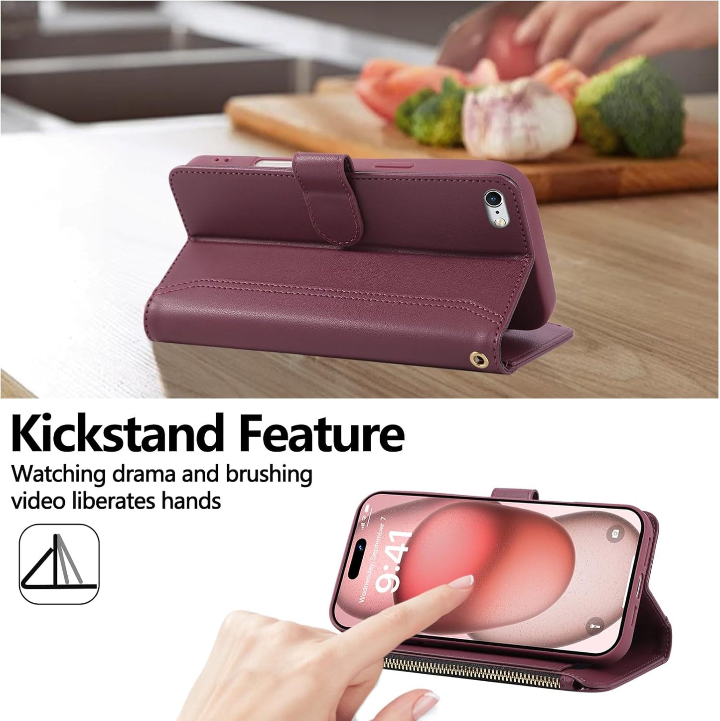 Compatible with iPhone 7/8/SE 2020/SE 2022 Wallet Case PU Leather Shockproof Protective Cover with Credit Card Slots, Zipper Pocket Detachable Wrist Strap,Unisex Design for Men/Women-Claret