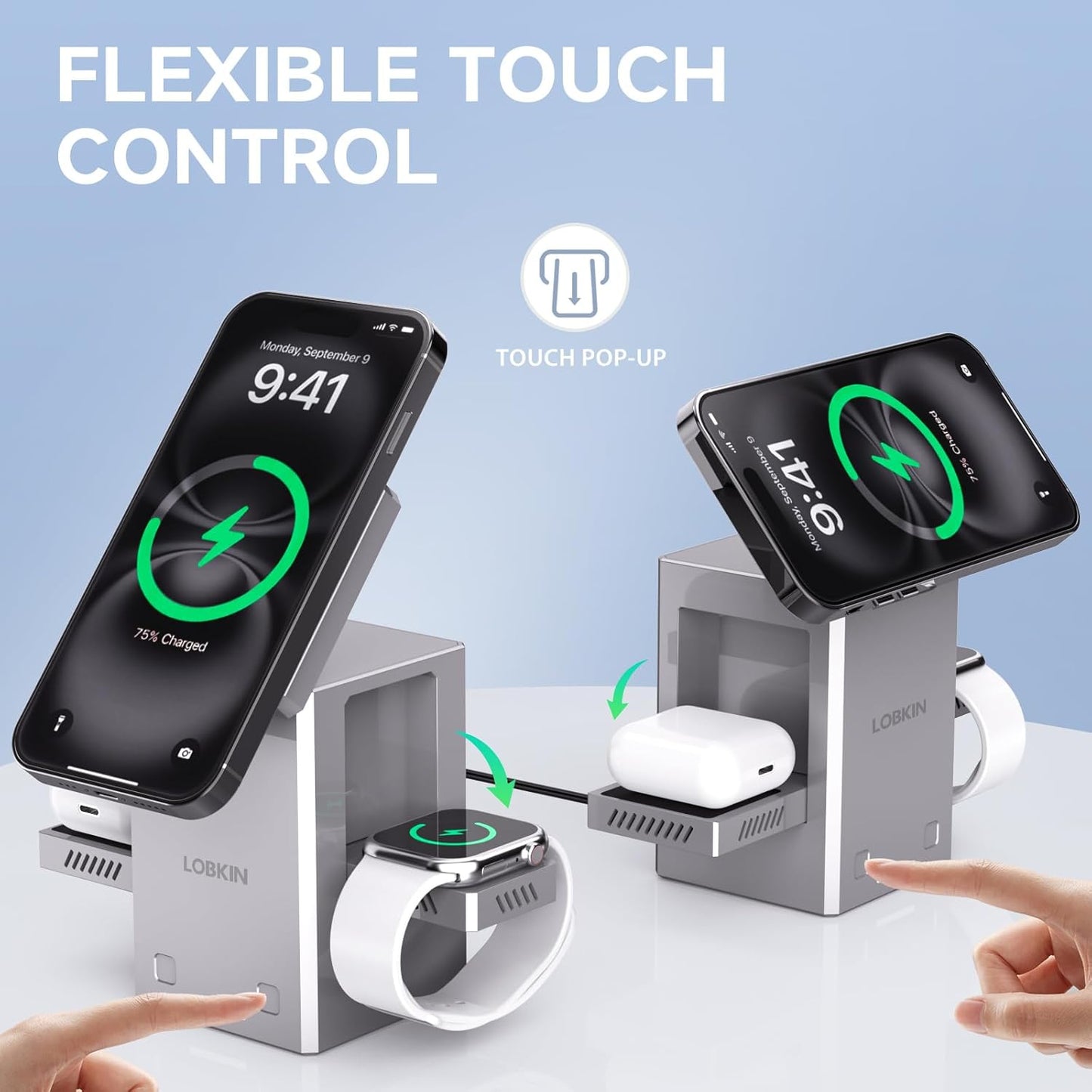 LOBKIN 3 in 1 Charging Station, Qi2 15W Foldable Intelligent Fast Wireless Charging Station,MagSafe Charger Stand for iPhone 16/15/14/13, Airpods, Apple Watch