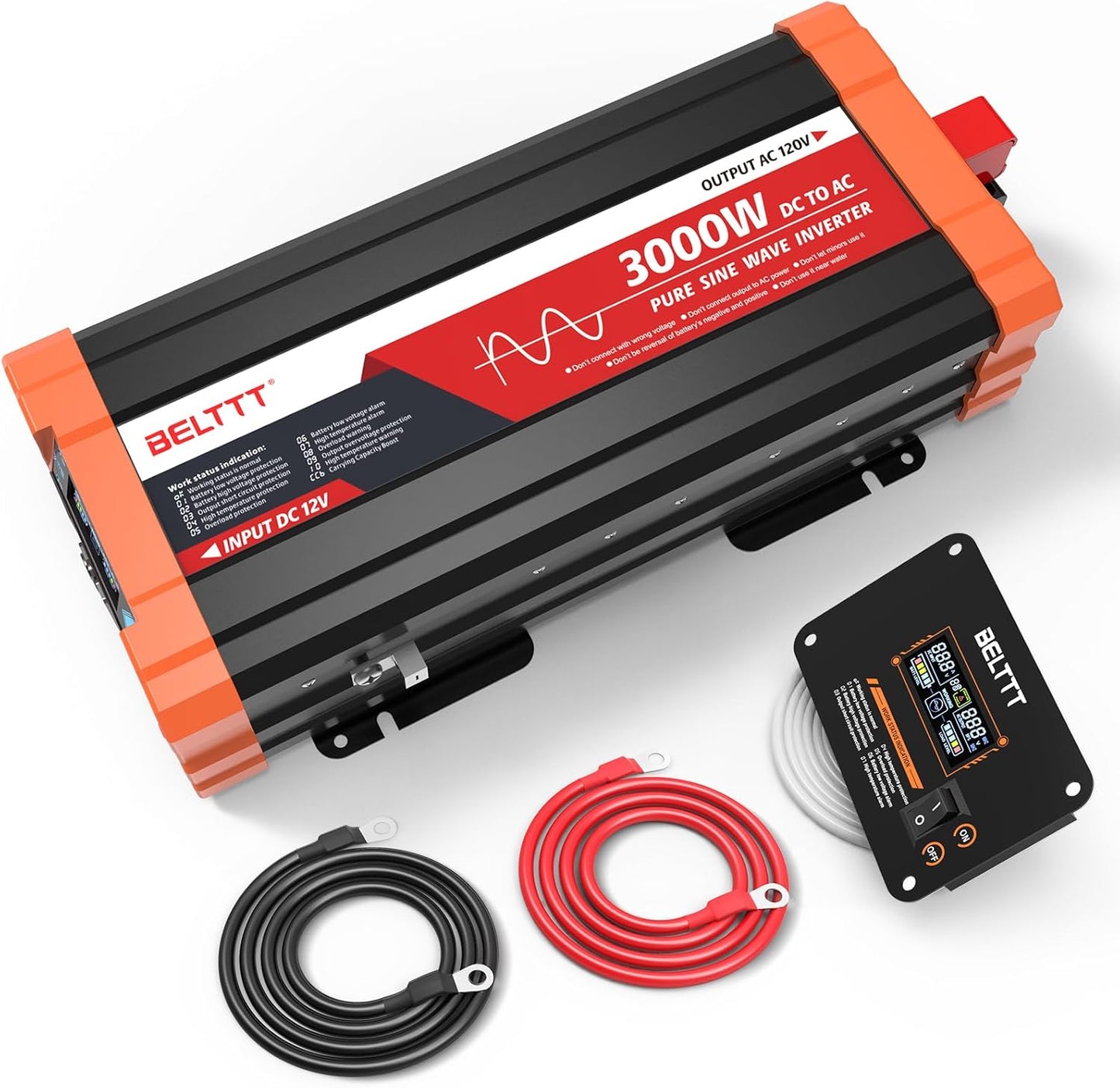 BELTTT 3000W Pure Sine Wave Inverter 12V DC to 120V AC for RV, Truck, Off-Grid, Home, Solar Car Power Inverter with Dual AC, 20A Socket, 5V 2.1A USB, Hardwire Port, Remote Controller 23Ft Cable