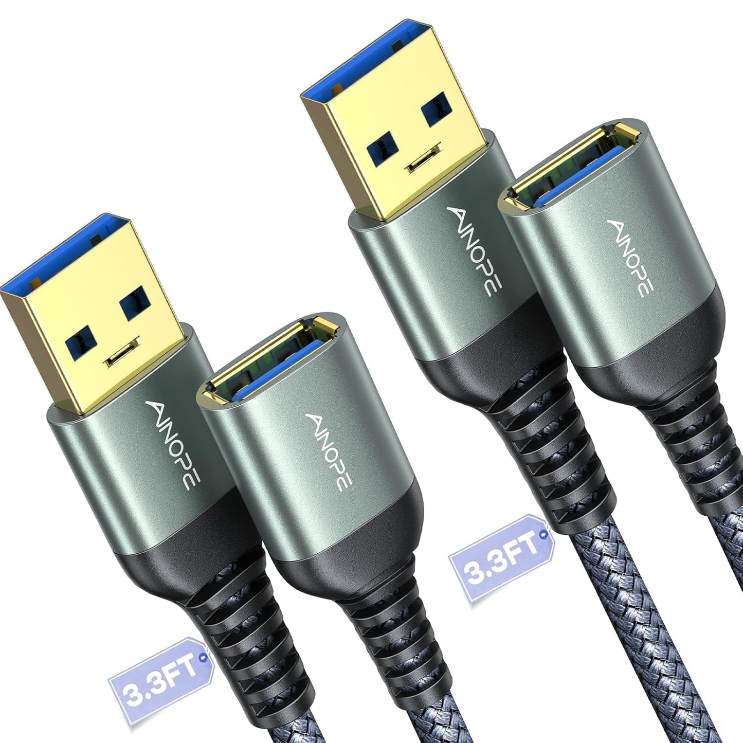 AINOPE 2 Pack USB Extensions Cable High Speed USB 3.0 Extension Cord Type A Male to Female Sturdy Braided Material Fast Data Transfer Compatible with USB Keyboard,Mouse,Flash Drive,Grey,3.3FT+3.3FT