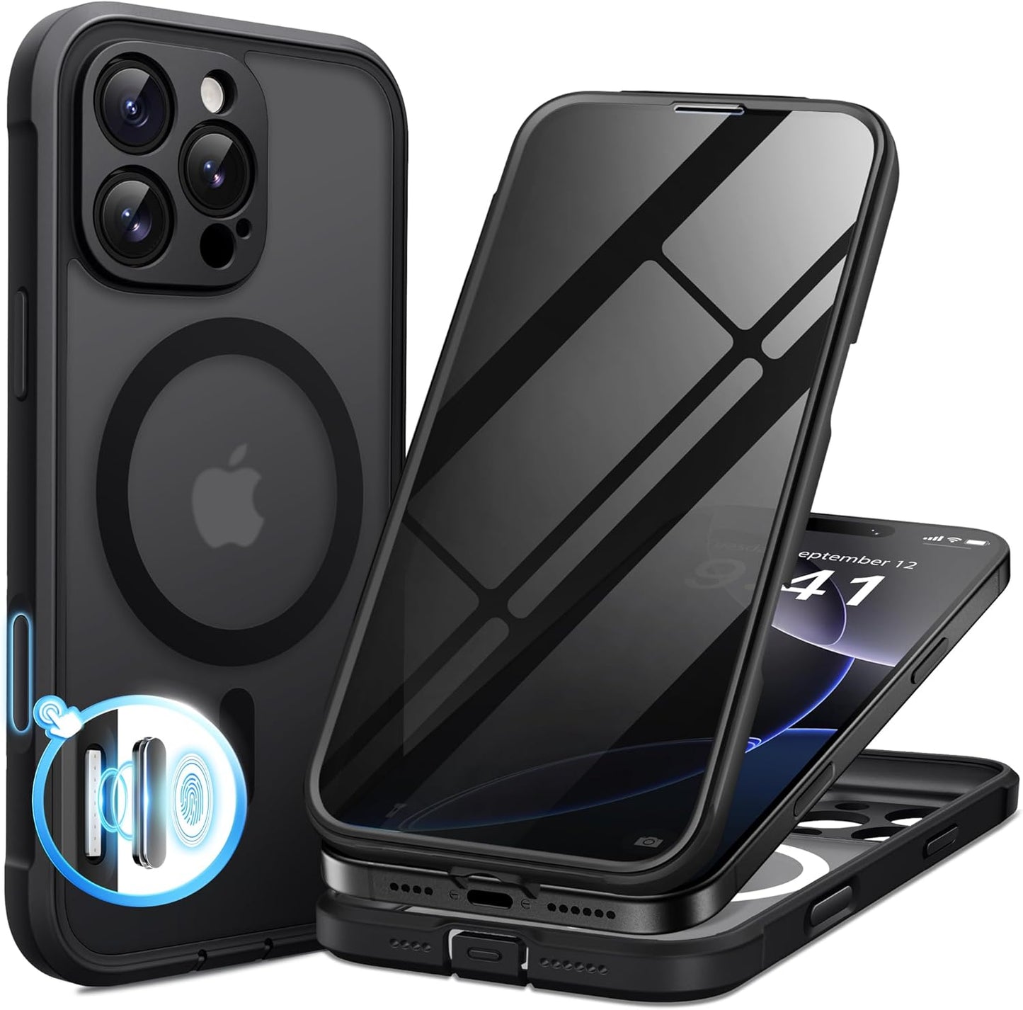 BERFY Magnetic for iPhone 16 Pro Case, Compatible with MagSafe, Built-in Privacy Screen Protector and Upgraded Camera Protection, Anti-Spy Full Body Shockproof Phone Case for 16 Pro 6.3", Matte Black