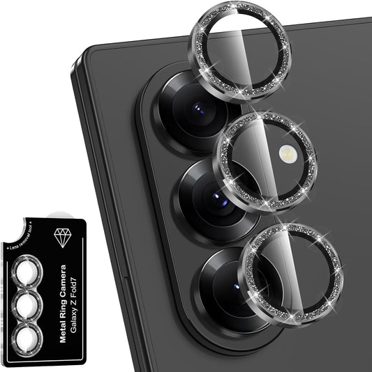 for Samsung Galaxy Z Fold 7 Camera Lens Protector, Individual Metal Ring Tempered Glass Lens Cover, [Strong Adsorption] Scratch Resistant Ultra-Thin HD Clear Lens Cover, 1 Set-Black Sparkly
