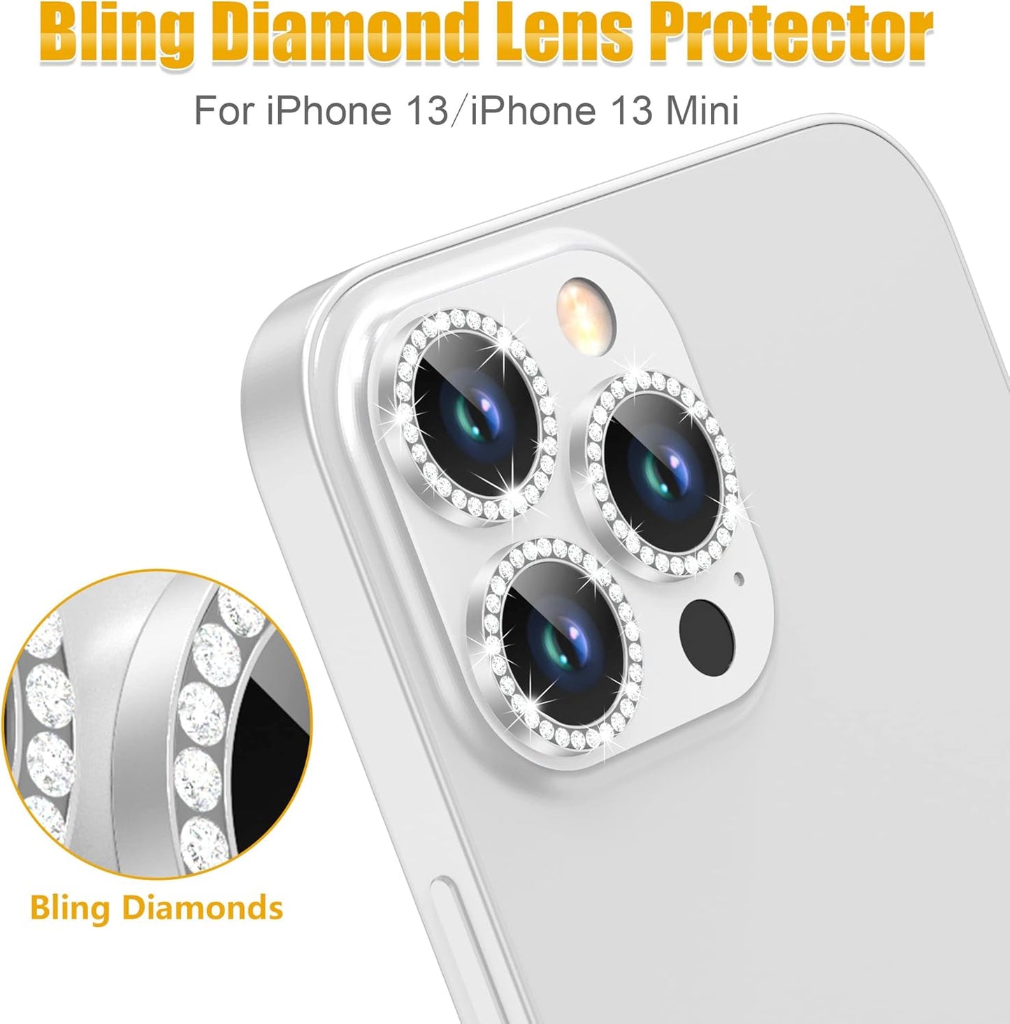 AGVEE 3+3 6 Pack for iPhone 13 Pro/Pro Max, Bling Diamond & Glitter Metal Ring 9H Tempered HD Glass Camera Cover Protector Film