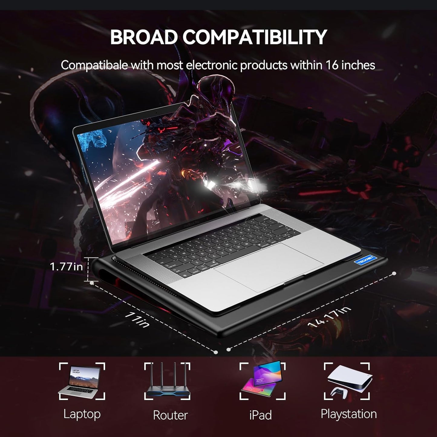 TECKNET Laptop Cooling Pad, 12"-15.6" Laptop Cooler, Gaming Laptop Cooling Stand, Wind Speed Adjustable, 2 USB Powered Laptop Fan Cooling Pad for Laptop Within 16 Inch (Red)