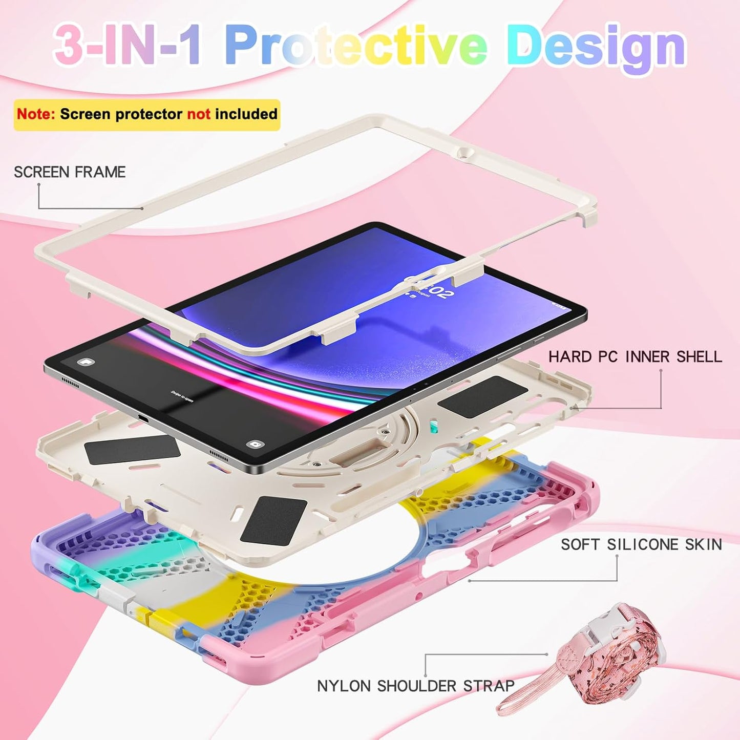 BRAECN for Galaxy Tab S10 Plus Case 2024&S9 FE Plus/S8 Plus/S7 Plus /S7 FE 12.4 Inch,Heavy Duty Shockproof Case with S Pen Holder&360 Rotating Hand Strap/Kickstand/Shoulder Strap for Tab S10+,Rainbow