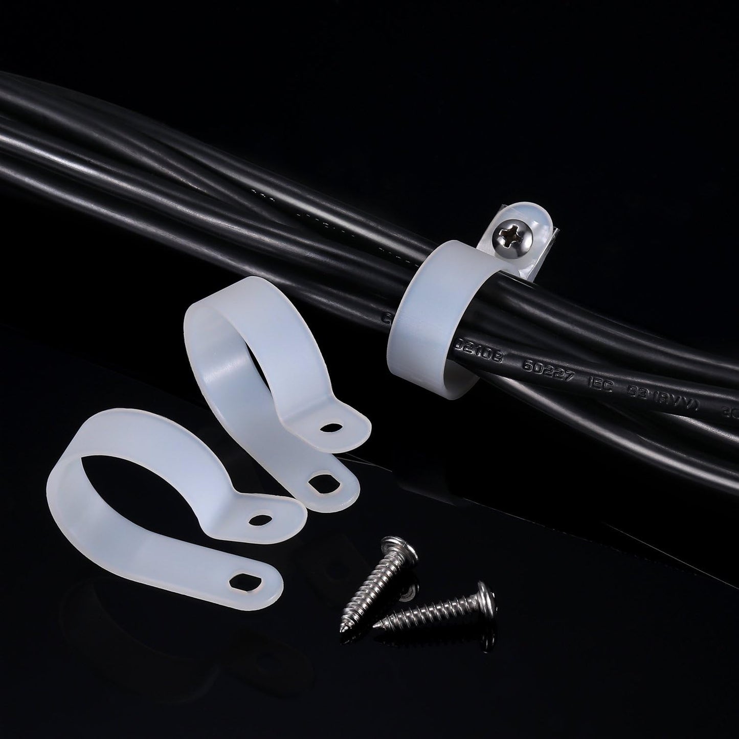 Hicarer 50 Pack R-Type Cable Clip Wire Clamp, Nylon Screw Mounting Cord Fastener Clips with 50 Pack Screws for Wire Management (White, 1 Inch)