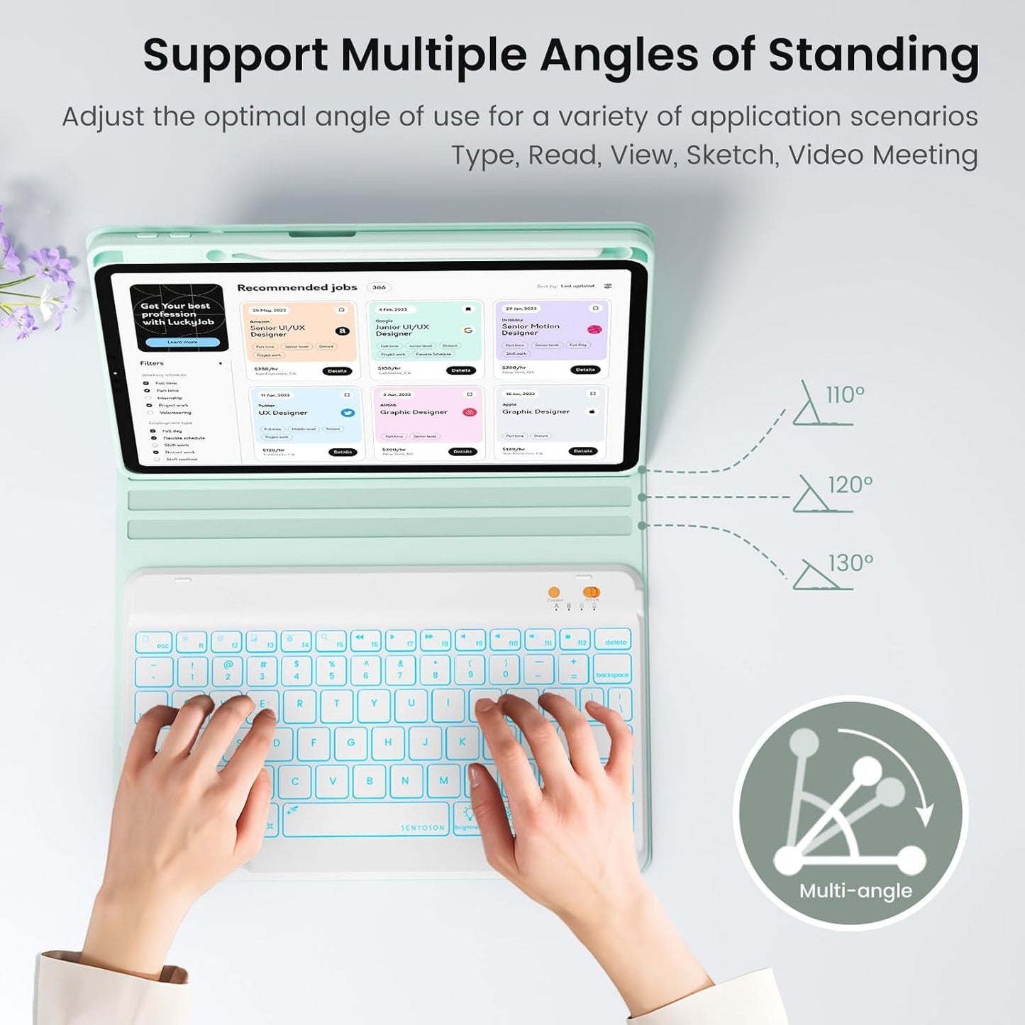 iPad 7th/8th/9th Generation Case with Keyboard 10.2-inch 2019/2020/2021, iPad Air 3rd/Pro 10.5-inch 2017 Compatible, 7 Color Backlit Keyboard BT/Wireless/Detachable with Pencil Holder (Mint Green)