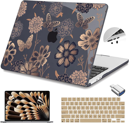 Teryeefi Compatible with M3 MacBook Air 15 inch Model A2941 [2023 2024], Designed Hard Shell Case & Keyboard Cover & Screen Protector,Flowers & Butterfly