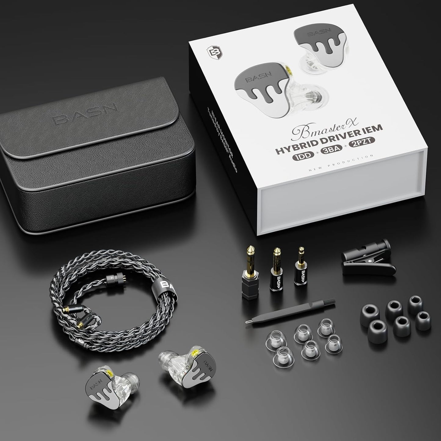 BASN BmasterX in Ear Audio Monitor, Hybrid 6 Drivers IEM Earphones with Crystal Clear Sound, Detachable Cable Plus Carrying Case & Fit Kit for Musician, Stage, Studio (3.5mm/4.4mm Jack, Black/Silver)