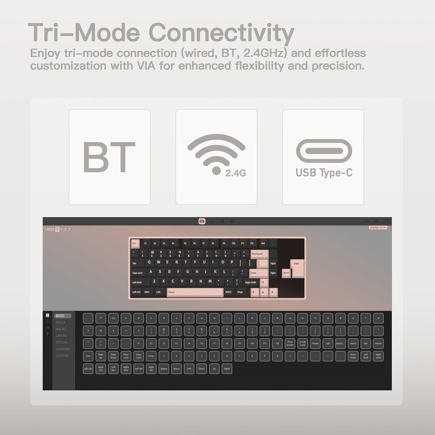 KEEBMONKEY WOBKEY Rainy 75 CNC Aluminum HMX/JWK/Cocoa Switches Triple-Mode Connectivity Mechanical Keyboard with Superior Acoustics, RGB/FR4/Silver SUS304/7000mAh/Cocoa Switch (Pro - Luna)