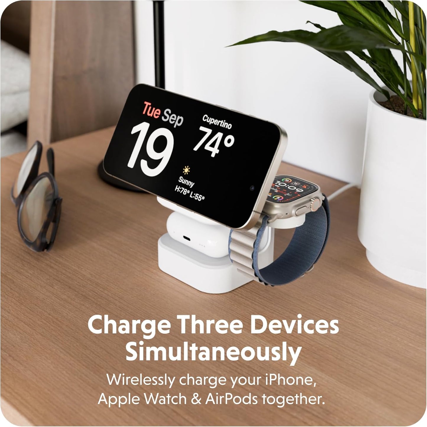 HyperJuice 3-in-1 Wireless Charger Qi2 Magnetic Stand — Fast Charger for iPhone, Apple Watch, Airpods, & Qi Compatible Devices — Compact and Adjustable 3 in 1 Design