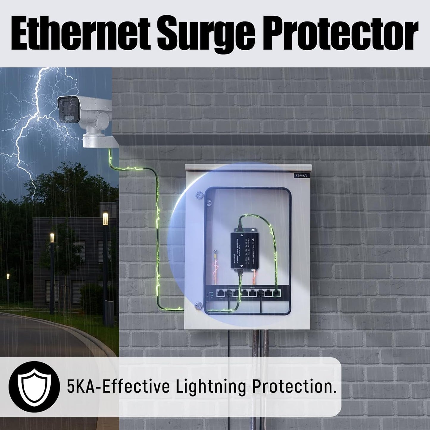 Ethernet Surge Protector Gigabit, Ethernet Lightning Arrestor PoE++ 802.3af/at/bt-RJ45 Lightning Suppressor-SPD with PTC/Gas Discharge Tube/Mounting Flange-1000Mbps,1Pack