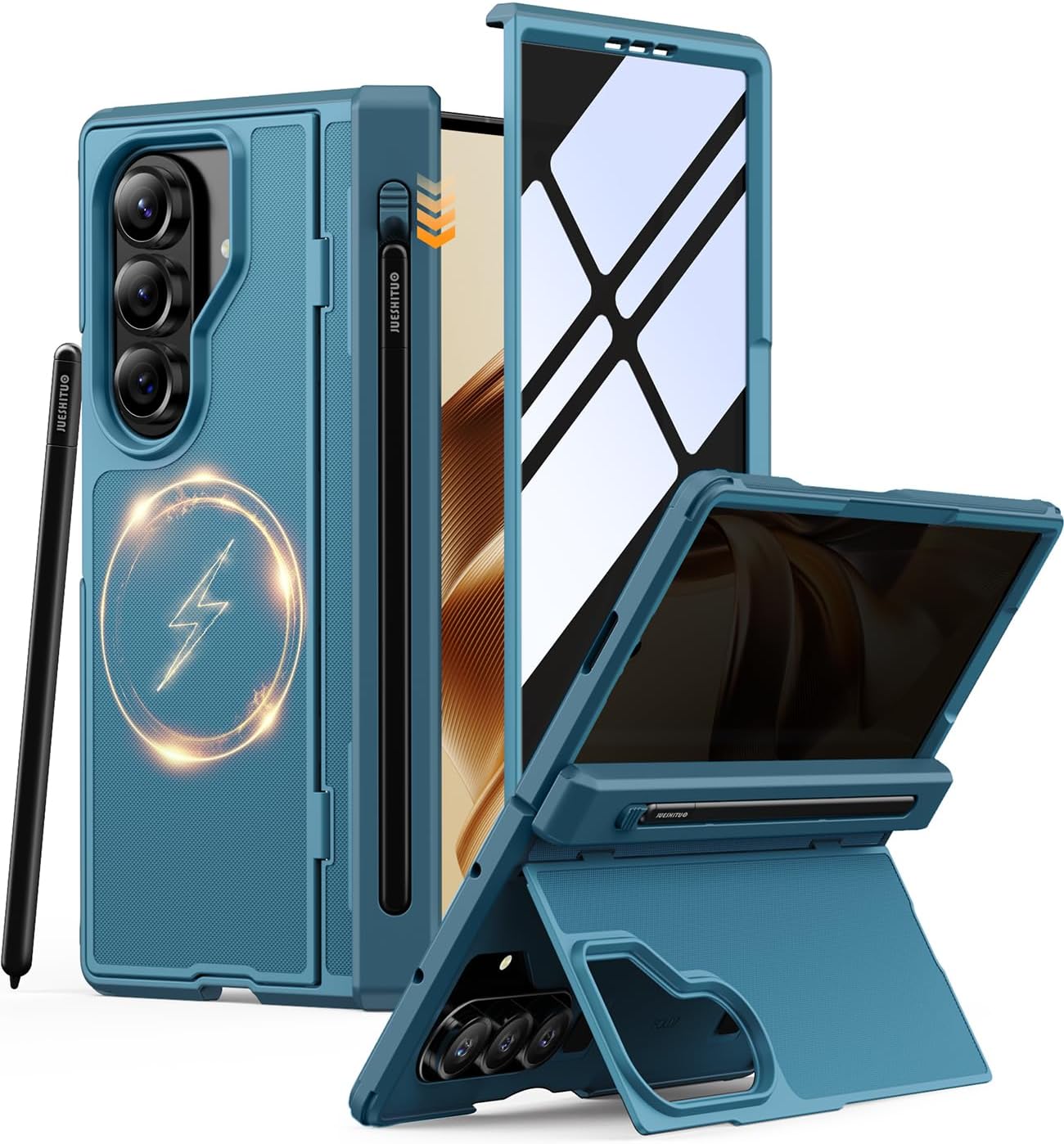 JUESHITUO for Samsung Z Fold 7 Case with MagSafe Compatibility, Privacy Tempered Glass & Hinge Protection, Shockproof Cover for Galaxy Z Fold 7, Includes S Pen Holder(No S Pen) & Kickstand, Blue