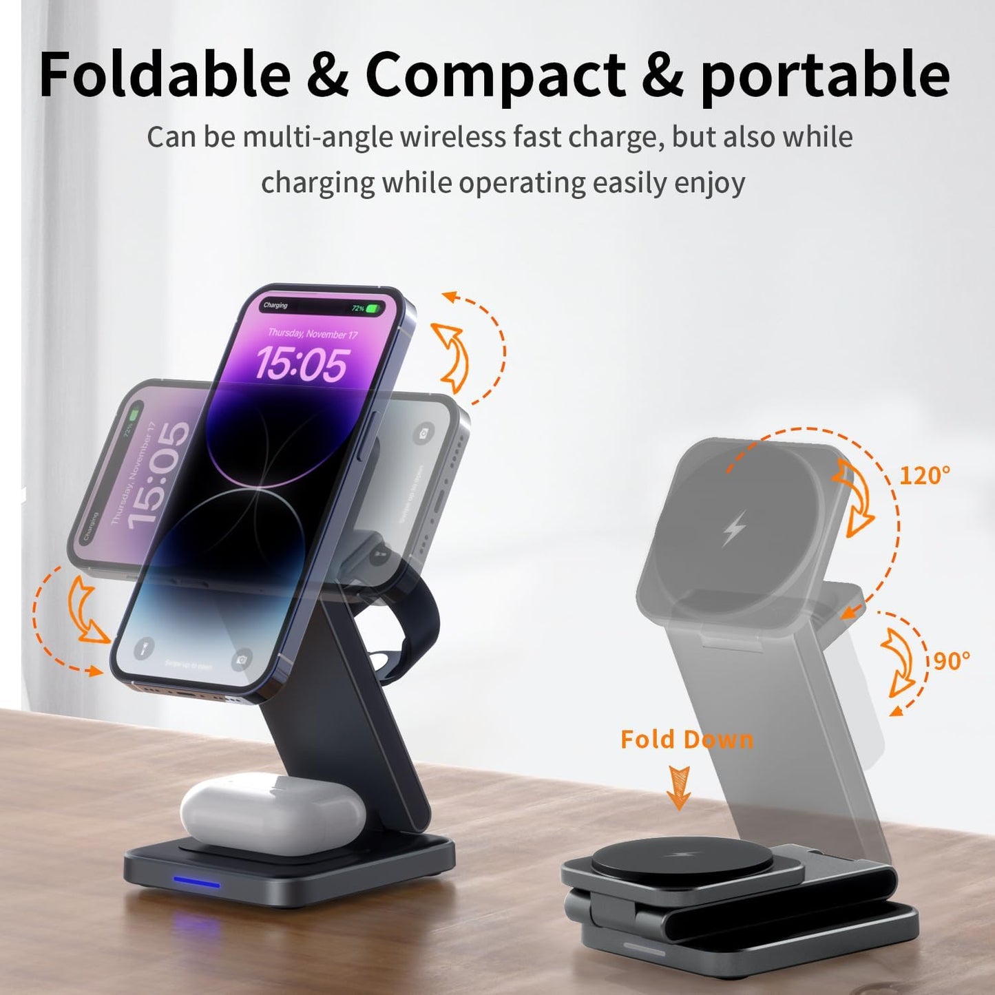 3 in 1 Magnetic Wireless Charger Station for iPhone 16/15/14/13/12 Series Mag-Safe Charging Station for Apple Watch Series 10-2/Ultra2/1/SE Foldable Wireless Charger for AirPods 4 3 2 1 Pro