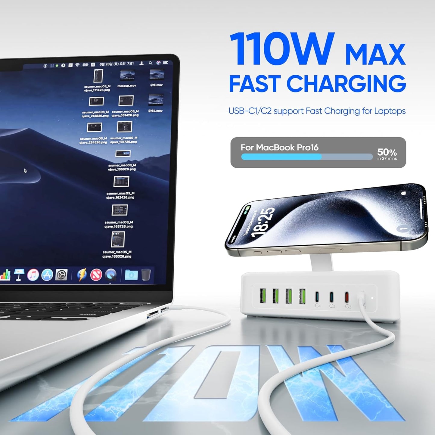 160W USB Charging Station Power Strip, 11-in-1 USB C Charger Block, 2AC Outlets with 8USB Ports(4USB-C), 5FT Flat Plug Extension Cord, Fast Charging Desktop Charger for Home Office Dorm Room, White