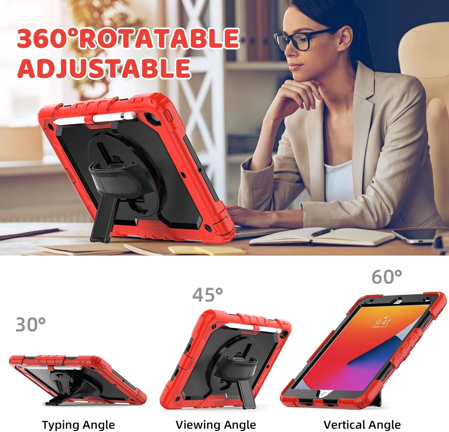 BLOSOMEET Case for iPad 9th Generation 8th Generation 2021 2020 10.2 Inch with Tempered Glass Screen Protector & Pencil Holder, Kids iPad 10.2 7th Gen Cover 2019 w/Stand Hand Shoulder Strap,Red