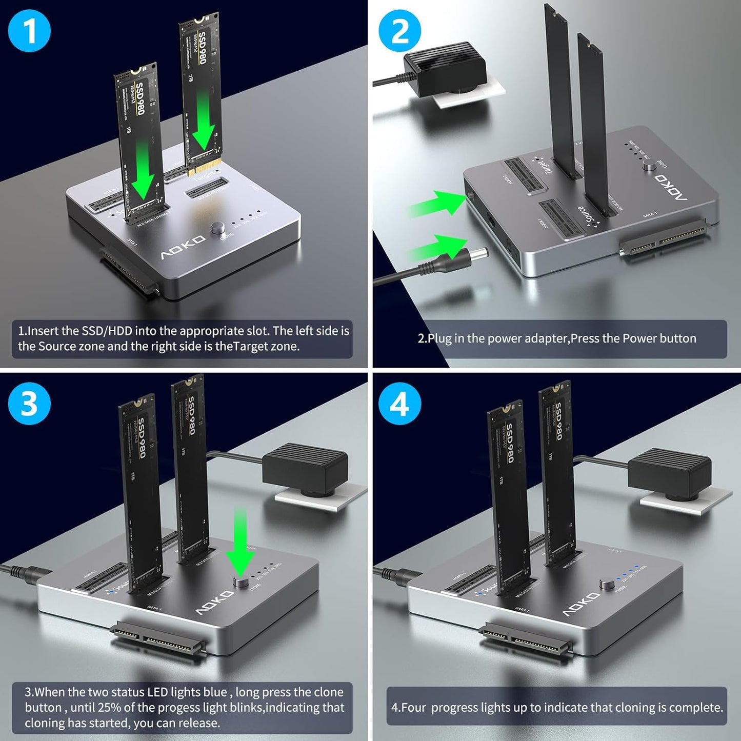 AOKO M.2 NVMe SSD Cloner, Dual-Bay 4-in-1 Hard Drive Duplicator/Reader, Supports M.2 NVMe/NGFF SATA, mSATA & SATA 2.5"/3.5" HDD,Offline Cloning Without PC