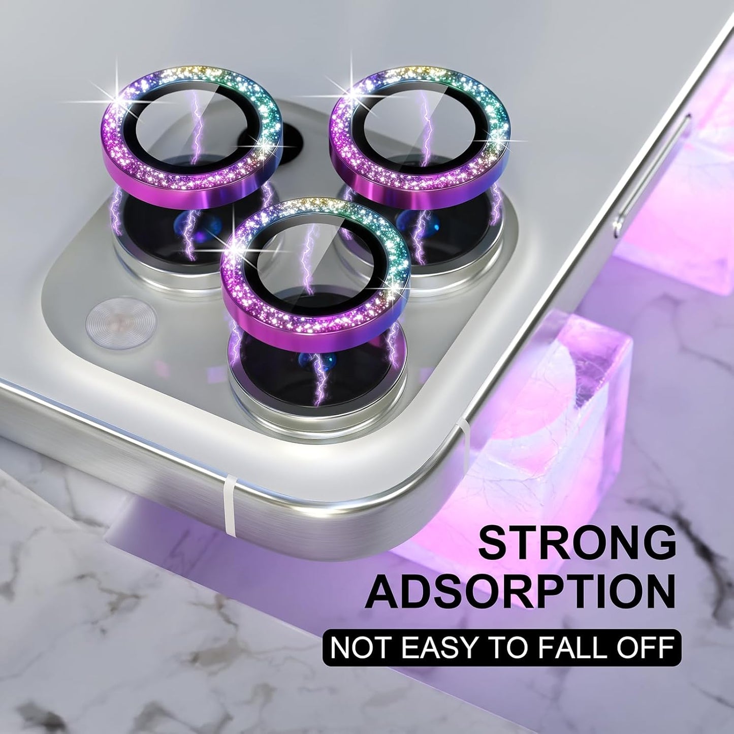 Choiche Compatible for iPhone 16 Pro/iPhone 16 Pro Max Camera Lens Protector Bling, 9H Tempered Glass Camera Cover Screen Protector Metal Ring Decoration Accessories (Glitter-Colorful)