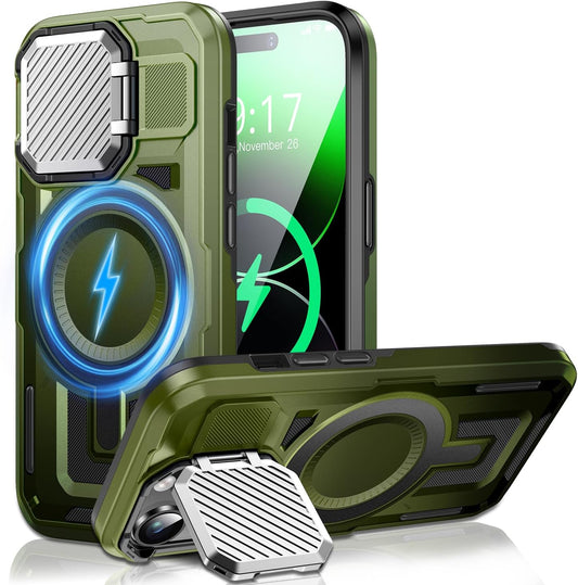 Camera Stand Case for iPhone 14 Pro Max, [Compatible with Mag Safe] [Lens Cover] 2024 Version Military Grade Protective Soft Case for iPhone 14 Pro Max 6.7 inch Men Women, Green