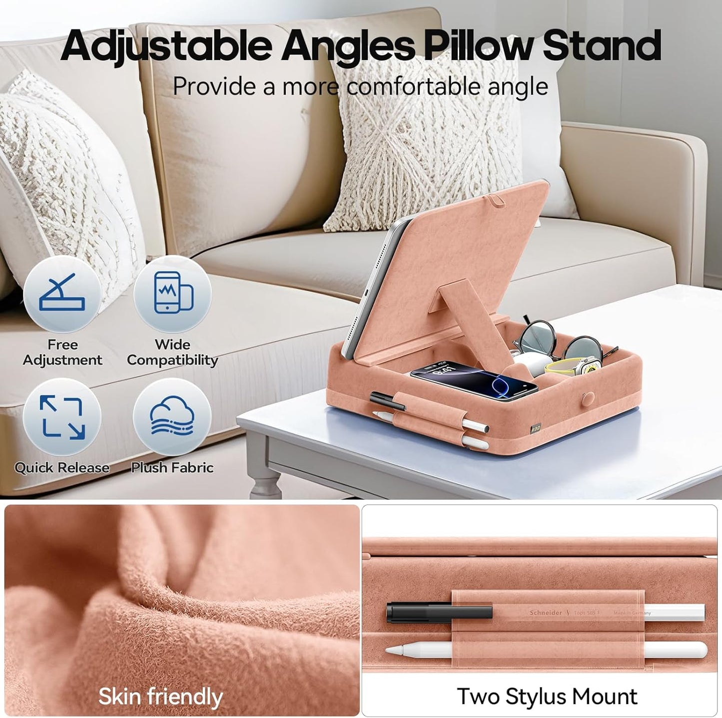KDD Tablet Pillow Stand with Storage, Foldable iPad Holder for Bed, Lap and Desk, Angle Adjustable Soft Pad Dock with Stylus Mount Compatible with iPad Pro 12.9, 10.5, 11, Air, Mini, Phones, Books