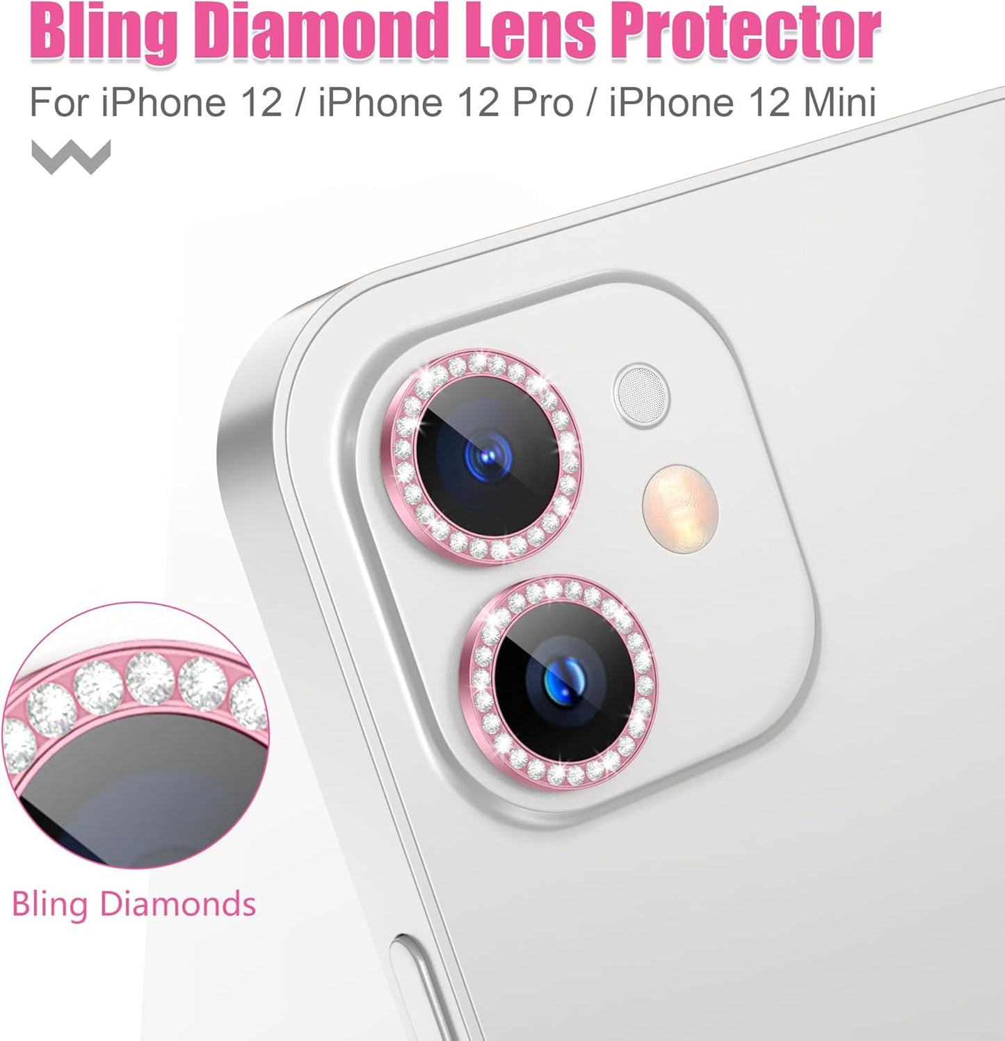 AGVEE 3+3 6 Pack for iPhone 12 Pro/12/12 Mini/11 Pro Max/11 Pro/11 Camera Lens Cover Protector, Diamond & Glitter Metal Ring 9H Tempered HD Glass Camera Protector, Bling-Pink