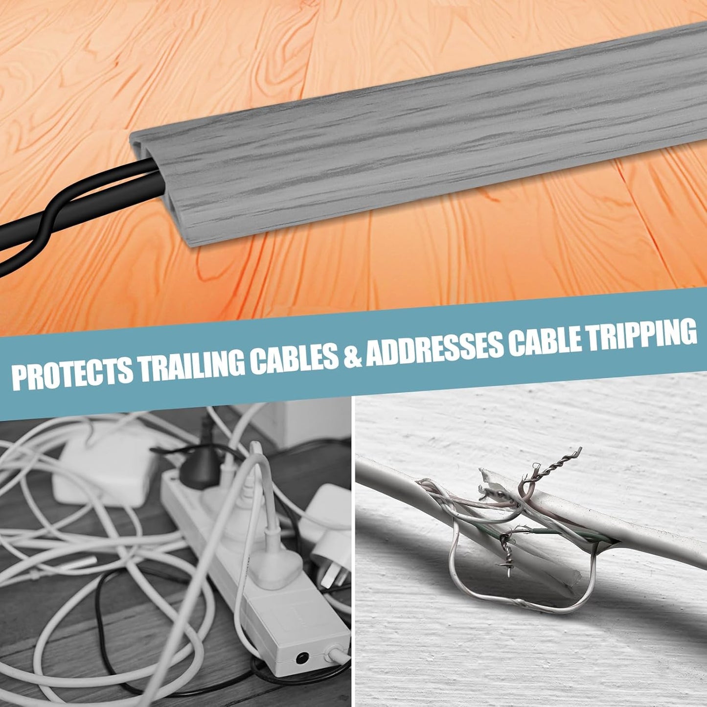 Floor Cord Cover Self Adhesive Cord Hider,10FT Cable Management, Extension Strip Protector for Wires, Prevent Cable Trips for Offices, Gyms, Exhibitions Cavity:0.3"(W) x 0.28"(H) Gray Wood