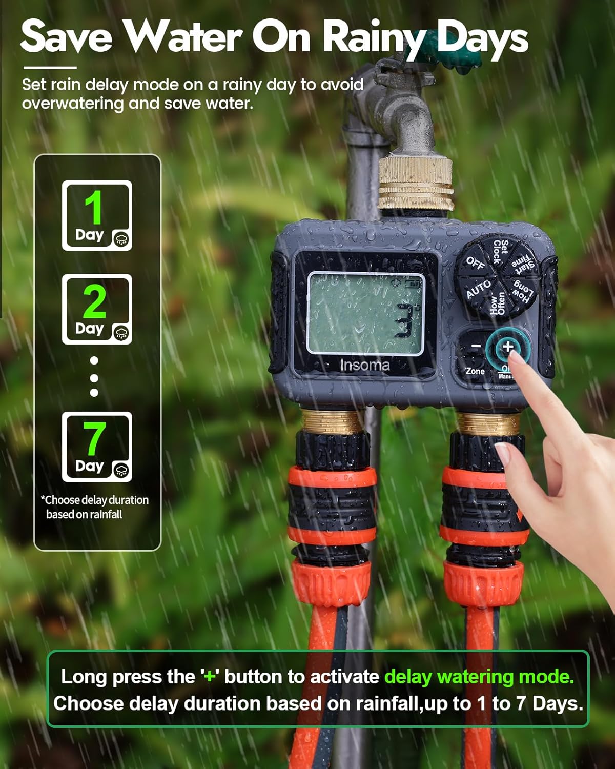 Insoma 2 Outlets Sprinkler Timer with Brass Inlet & Outlet, Water Timer for Garden Hose with Auto/Manual Modes + Rain Delay, Hose Timers for Garden, Yard Lawn, IPX5 Waterproof & Save Water