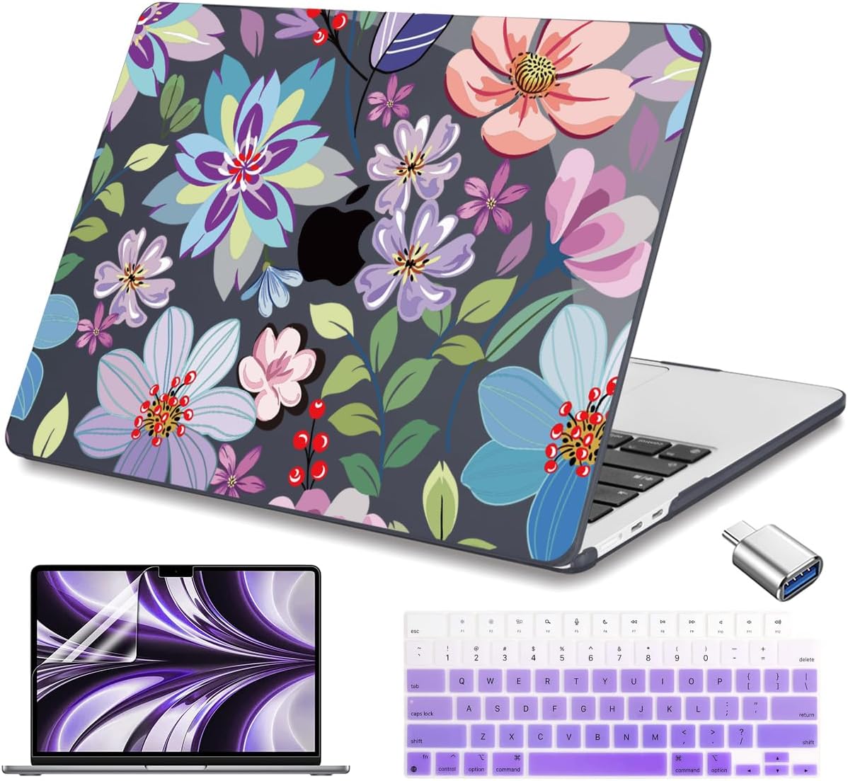 Teryeefi for MacBook Air 13.6 inch Case M4 M3 M2 2024-2022 Release Model A3240 A3113 A2681, Protective Plastic Hard Shell Cover for MacBook Air M2 M3 M4 13 inch, Pretty Flowers Black-104