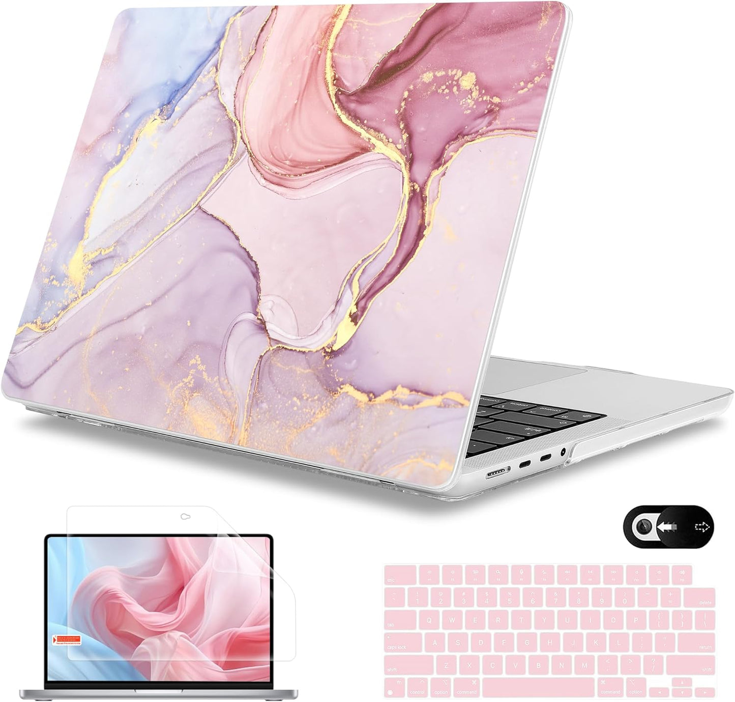 Mektron Case for MacBook Pro 16" M4 A3403 A3186 M3 A2991 M2 A2780 M1 A2485 (2021/2023/2024) Pro/Max with Touch ID, Hard Shell Plastic Laptop Cover Keyboard Cover Screen Protector, Pink Marble