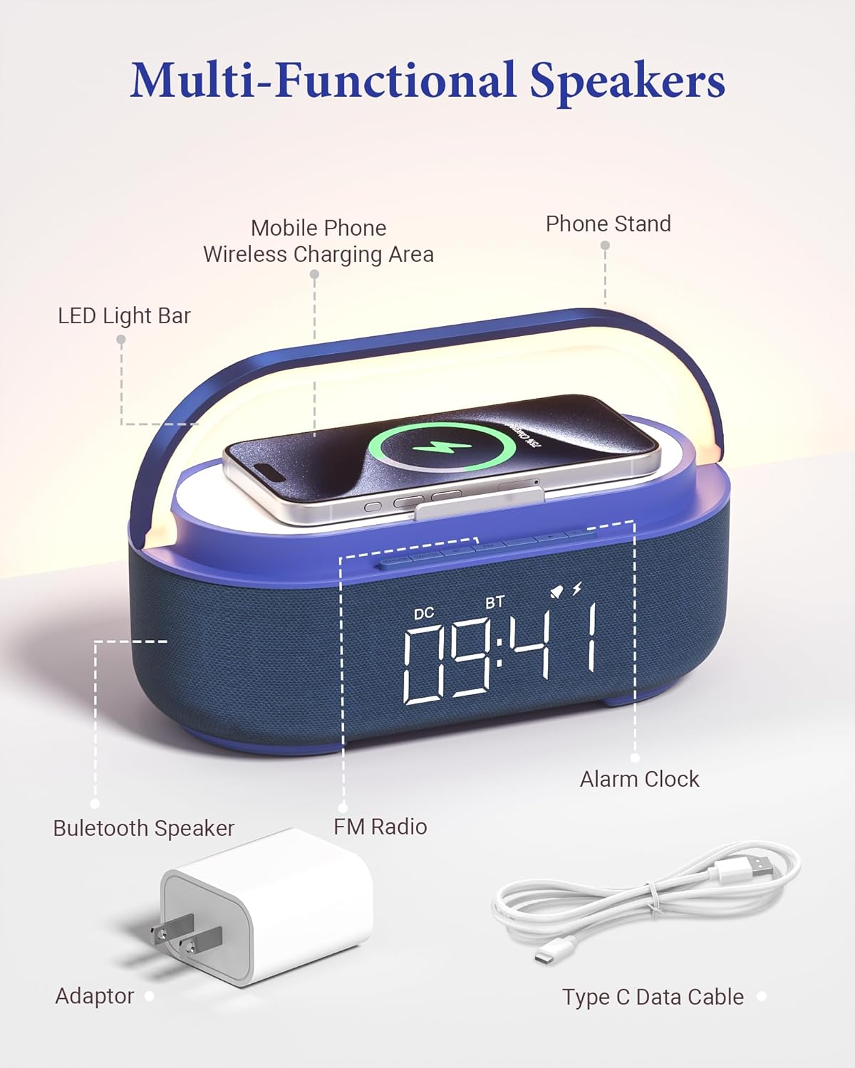 COLSUR 6-in-1 Bluetooth Speaker Alarm Clock with 15W Wireless Charger, FM Radio, Adjustable LED Night Light, 2500mAh Battery, Snooze Function – for Bedroom, Home, Office
