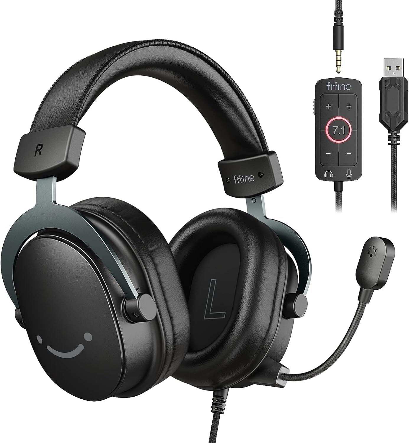 FIFINE PC Gaming Headset, USB Headset with 7.1 Surround Sound, Detachable Microphone, Control Box, 3.5mm Headphones Jack, Over-Ear Wired Headphones for PS5/Xbox/Switch, Black-AmpliGame H9
