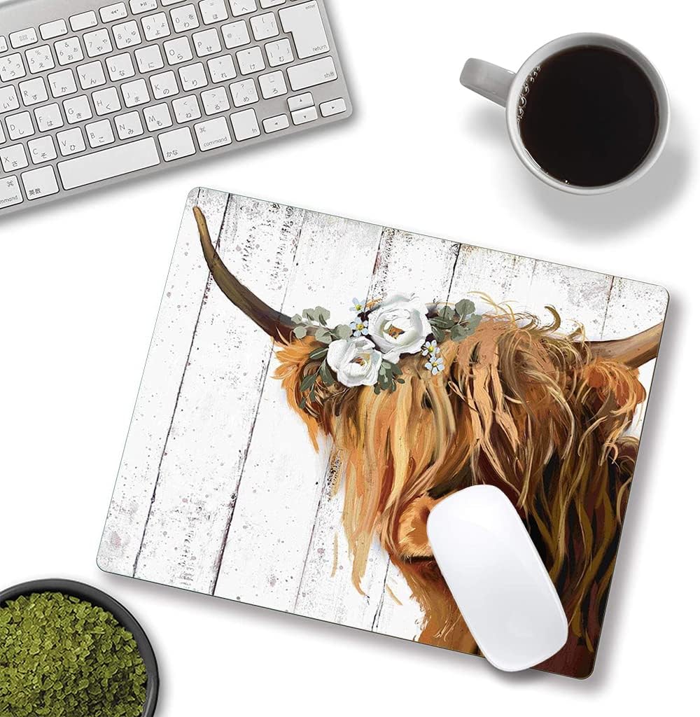 Floral Mouse Pad, Cute Flowers Mouse Pad, Square Mouse Mat Waterproof Mousepad Non-Slip Rubber Base Mouse Pads for Office Laptop Women, Cow
