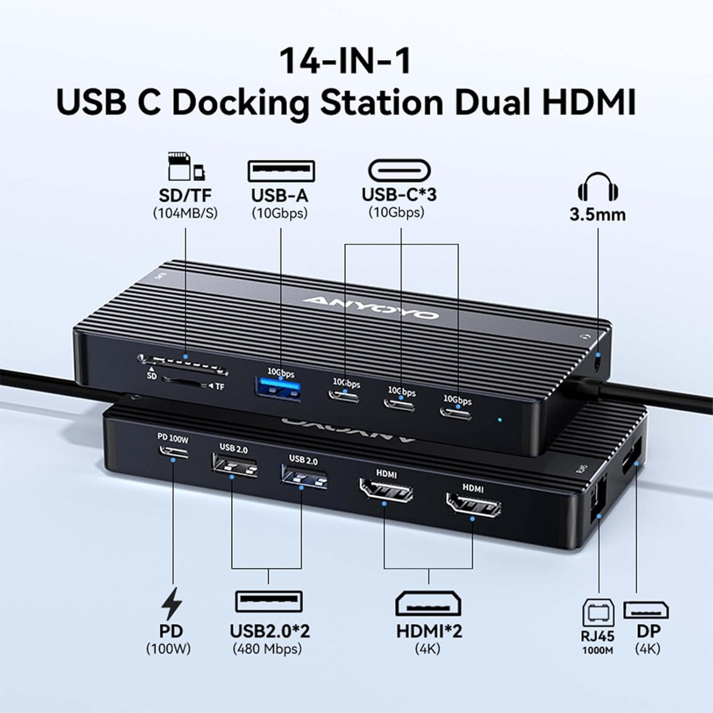 USB C Hub USB C Docking Station Dual Monitor14-IN-1 Triple Display Multiport Adapter with 2*HDMI +DP + 5*USB-A/C 10Gbps Ports+Ethernet+SD/TF Laptop Docking Station for HP/Dell/Lenovo/Thinkpad (Black)