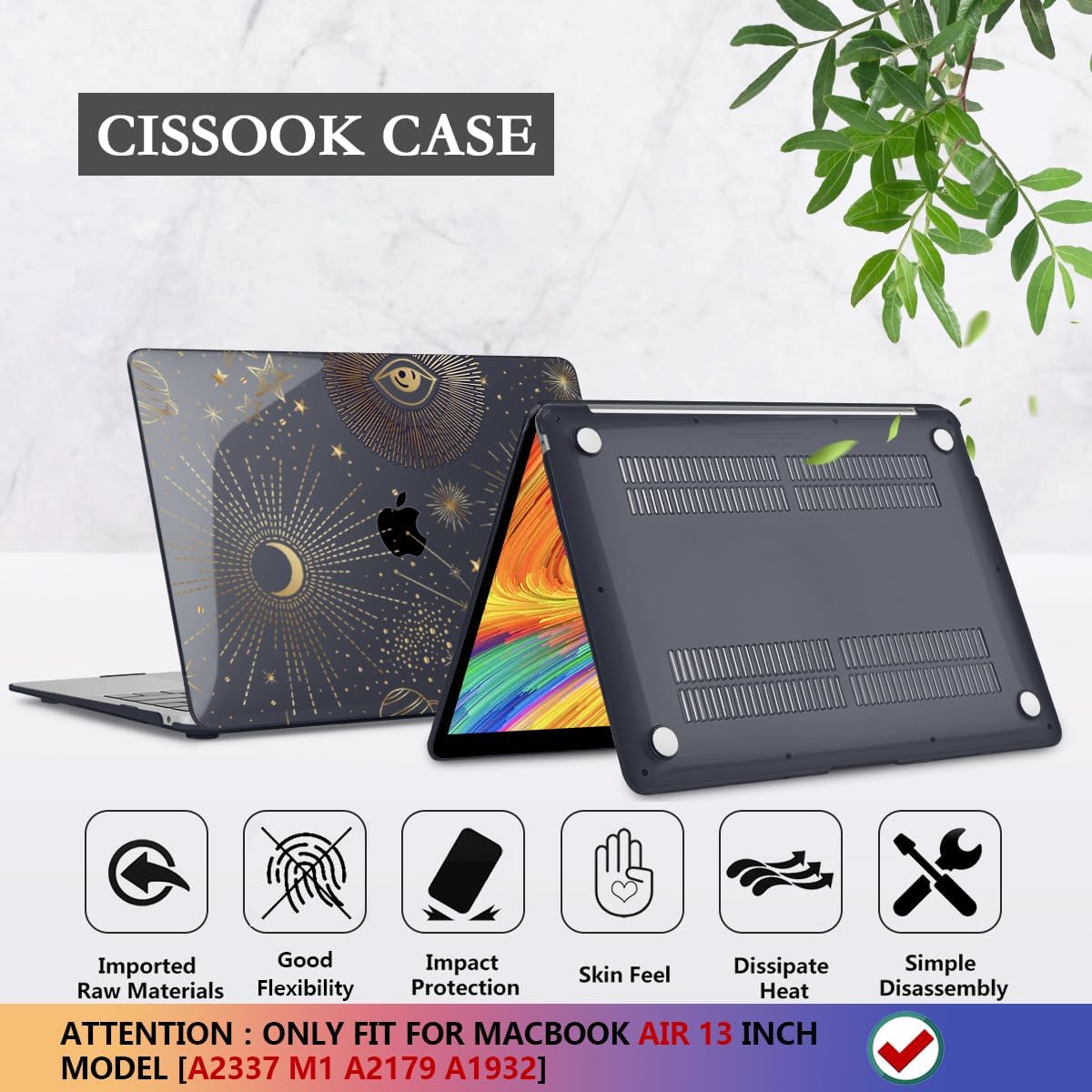 CISSOOK Compatible with 2021 2020 MacBook Air 13 inch Case M1 A2337 A2179 A1932 Model, Hard Shell Case &Keyboard Cover &Screen Protector Film for MacBook Air 13 with Touch ID 2018-2022, Moon Star
