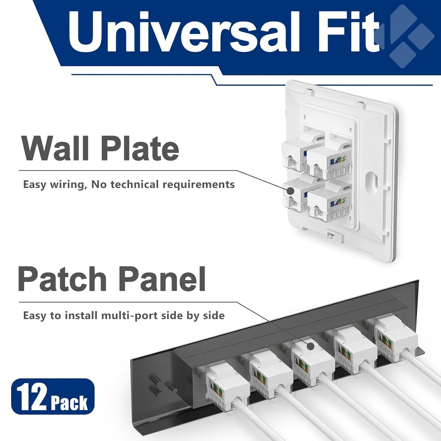 Cat6 Keystone Jacks 12-Pack, RJ45 Keystone Jack 90 Degree Punch Down, Ethernet Jack for Cat6, Cat5e, Cat5 Cabling, Slim Profile in White