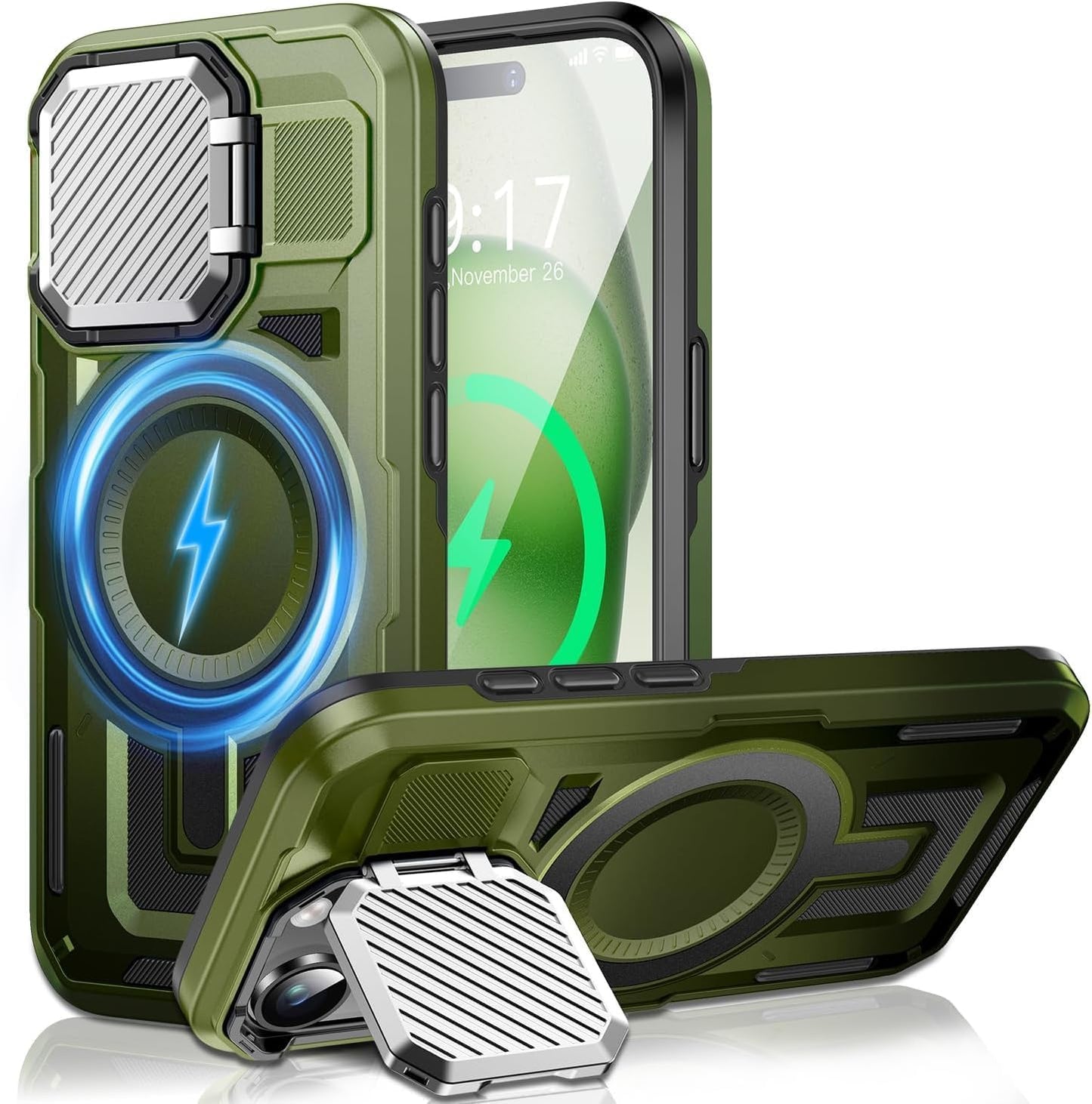 Camera Stand Case for iPhone 15 Plus, [Compatible with Mag Safe] [Lens Cover] 2024 Version Military Grade Protective Soft Case for iPhone 15 Plus 6.7 inch Men Women, Green