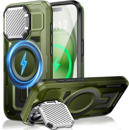 Camera Stand Case for iPhone 15 Plus, [Compatible with Mag Safe] [Lens Cover] 2024 Version Military Grade Protective Soft Case for iPhone 15 Plus 6.7 inch Men Women, Green