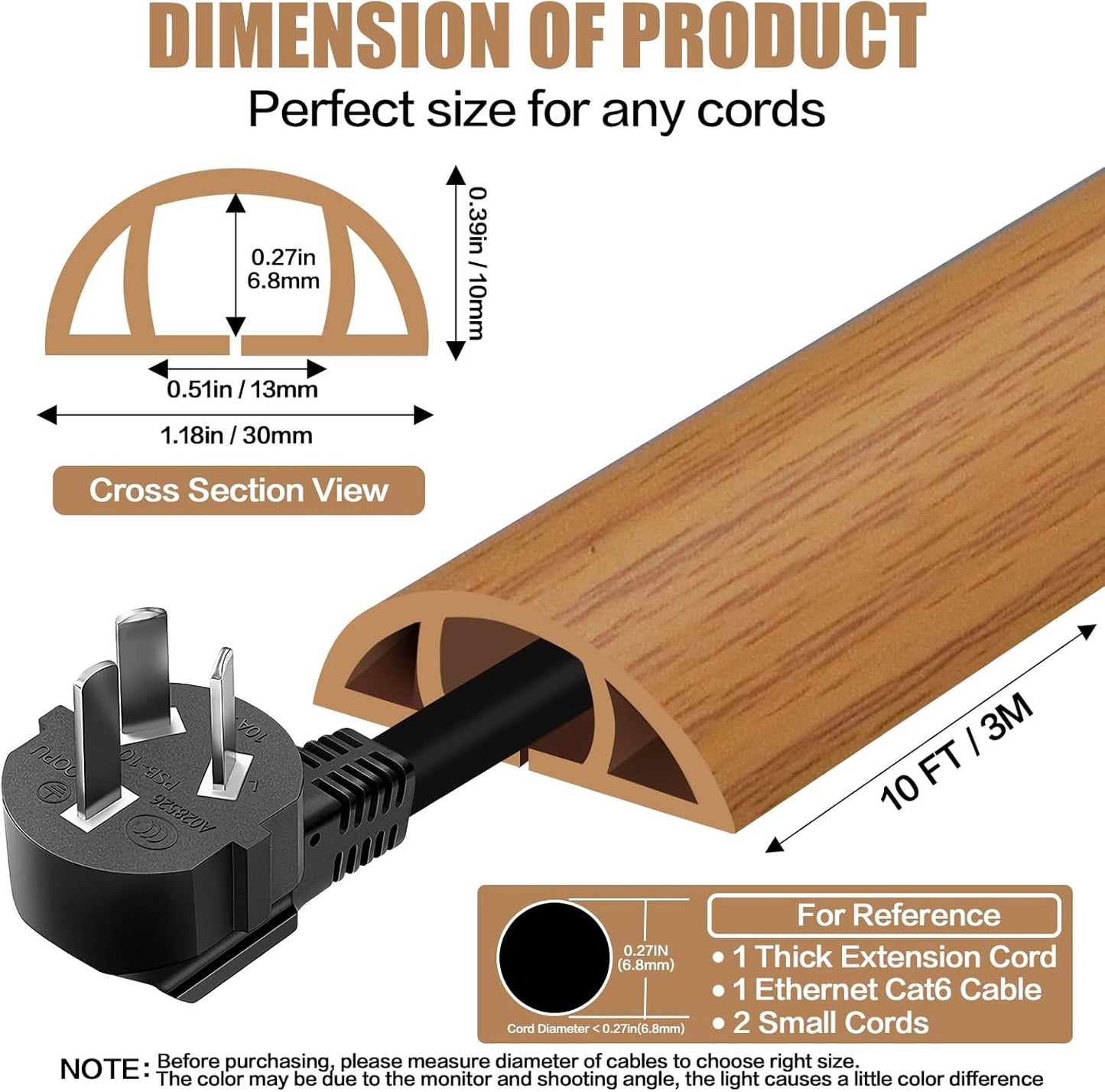 Floor Cord Cover Self Adhesive Cord Hider,10FT Cable Management, Extension Strip Protector for Wires, Prevent Cable Trips for Offices, Gyms, Exhibitions Cavity:0.39"(W) x 0.27"(H) Brown Wood