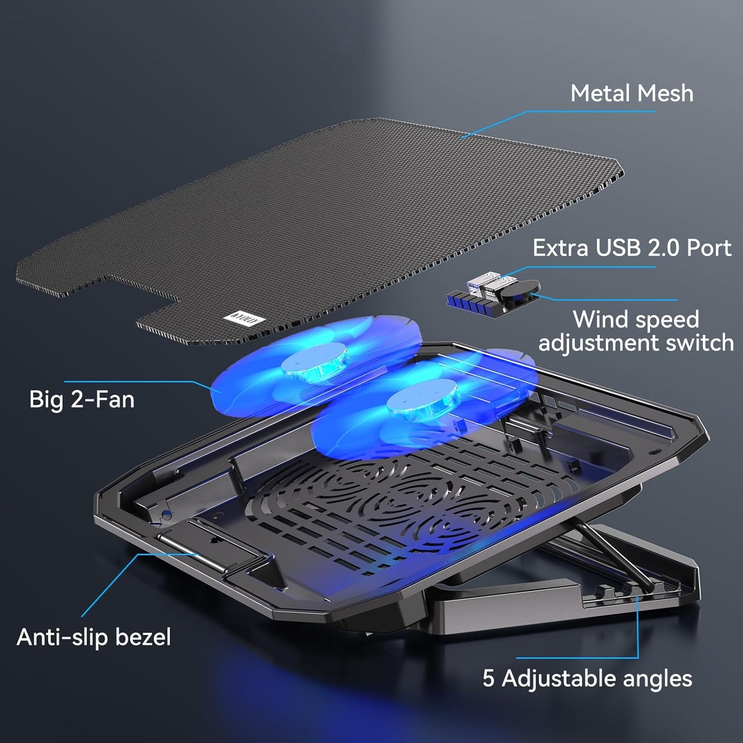 Ultra Slim Laptop Cooling Pad for 10-15.6 Inch Laptops, Portable Notebook Cooler with 2 Quiet Big Fans, Gaming Laptop Fan Wind Speed Adjustable, 5 Heights Adjustment, 2 USB Port