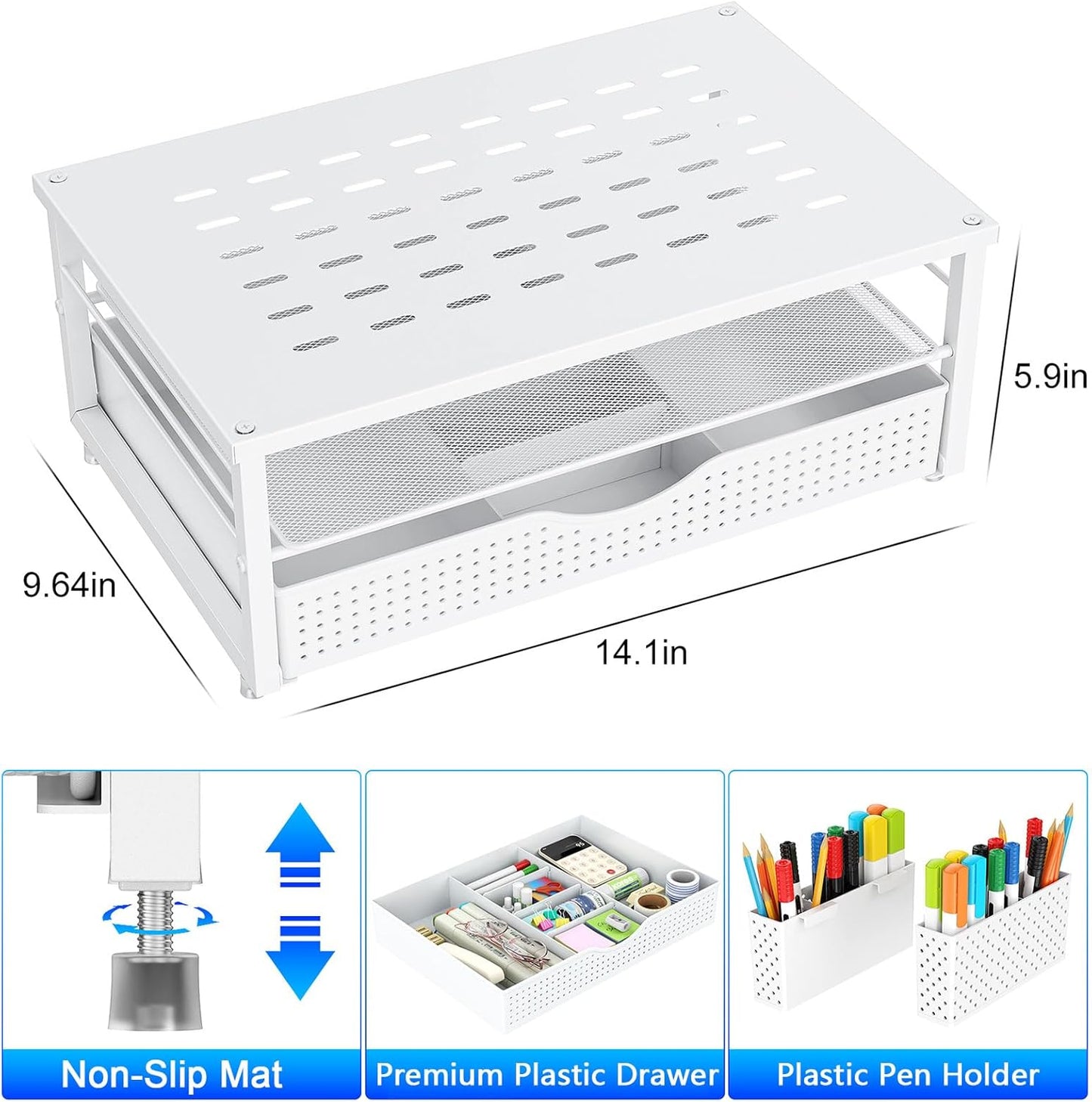 gianotter Desk Organizers and Accessories, Monitor Stand with Drawer and 2 Pen Holder, Desktop Organizer Suitable for Offices and Dormitories (White)